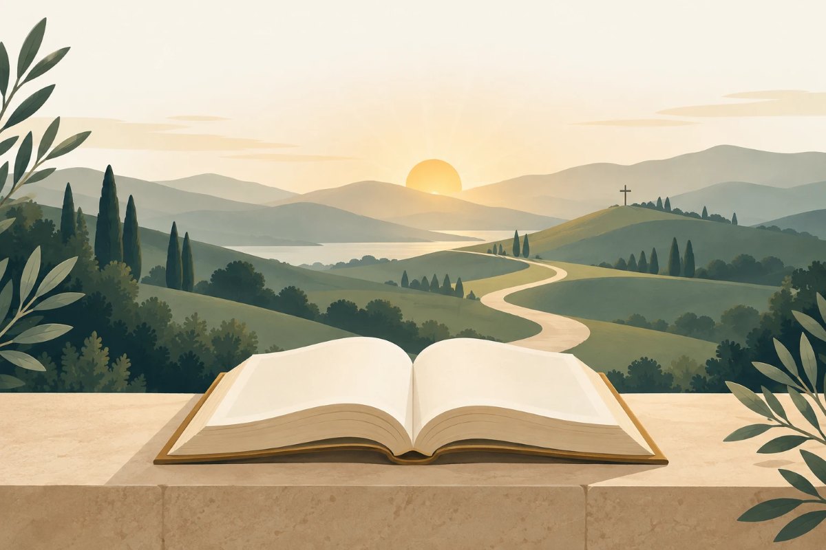 An open Bible on a stone ledge overlooking green hills, a winding path, a lake, and a cross on a distant hill at sunrise
