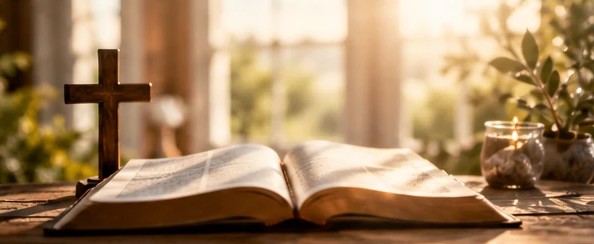An open Bible on a wooden table beside a wooden cross and a lit candle in warm window light